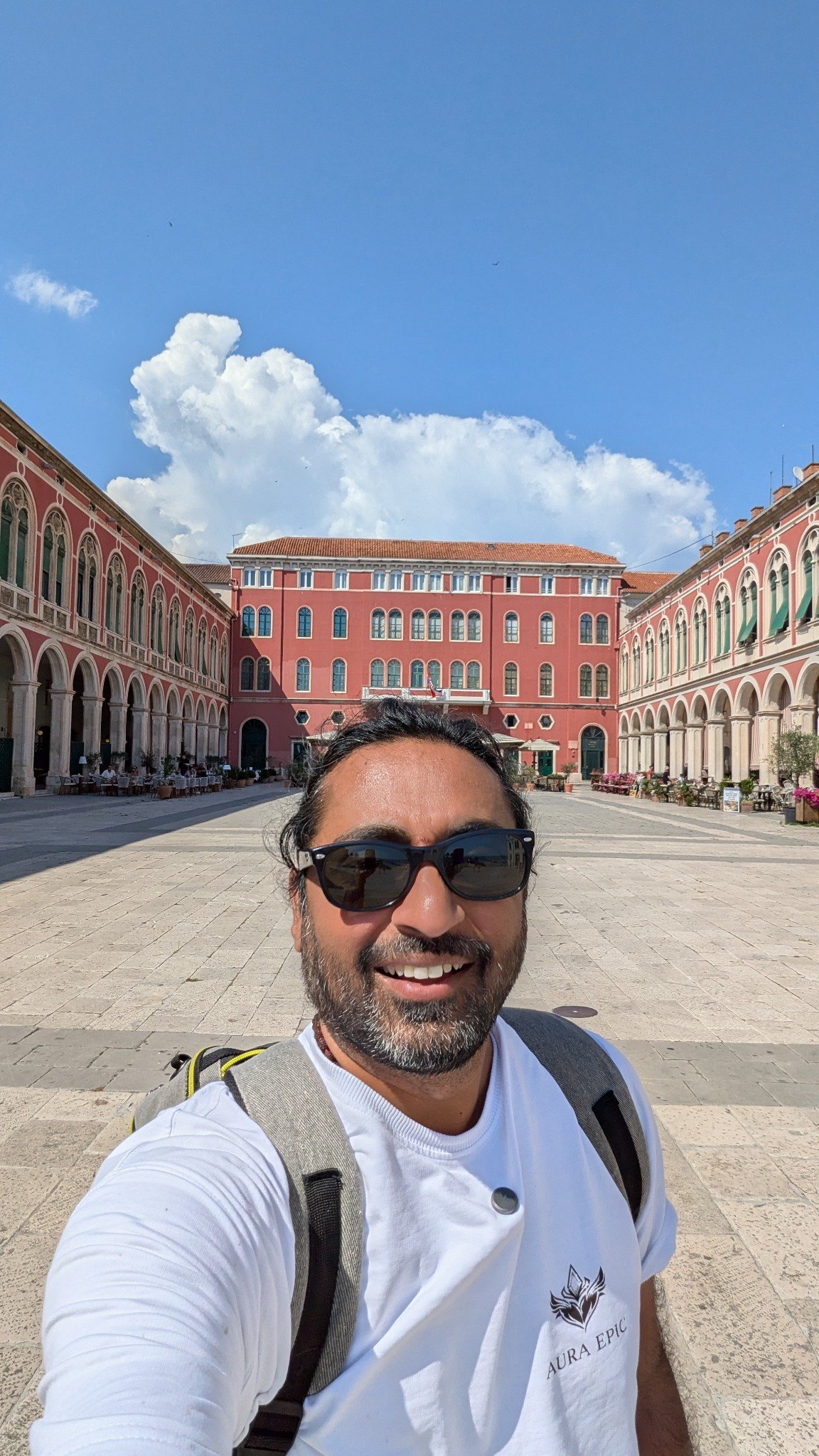 Saki The Wanderer at Republic Square in Split, a Venetian-style square linked to the Telugu movie Mahanubhavudu